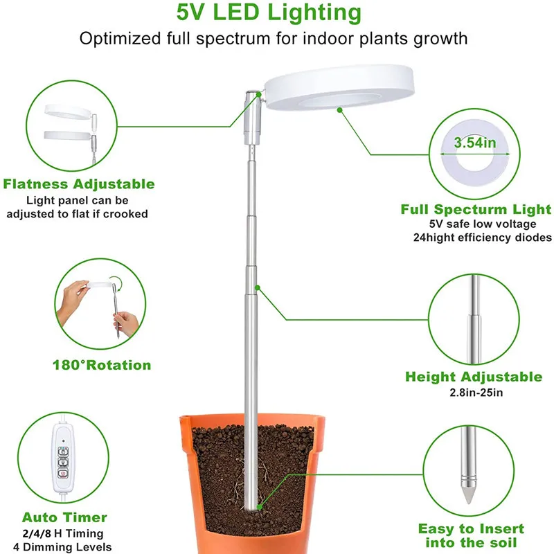 Volledig spectrum LED-groeilicht op zonne-energie voor binnen, dimmen met vier versnellingen, vlezige Viridiplantae, telescopisch invullicht voor bloemenvloeren