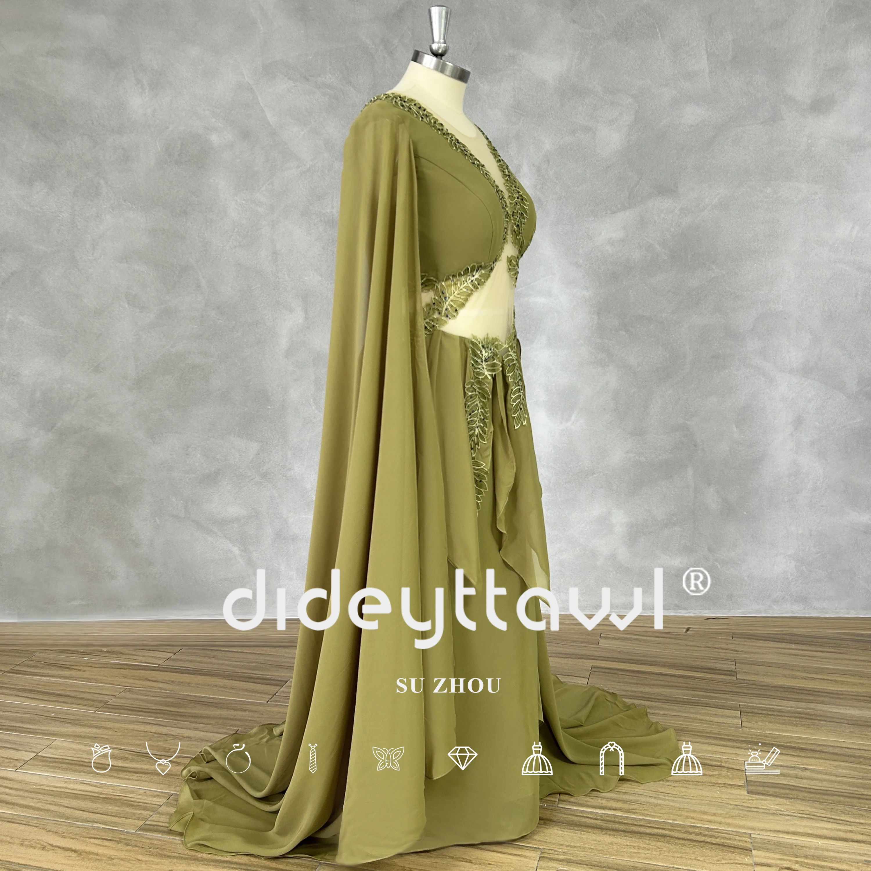 DIDEYTTAWL 브이넥 컷 아웃 긴팔 무도회 원피스, 실제 사진, 에라스 투어 리프 아플리케, A 라인 티어 레이스업 백 이브닝 가운