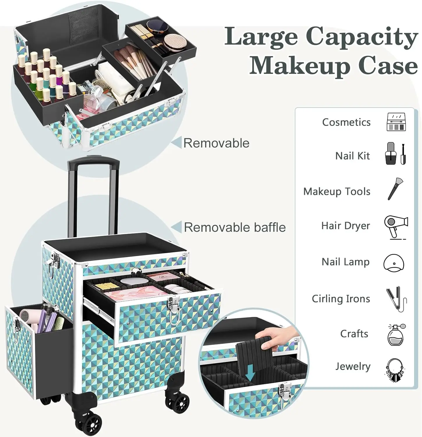 5-in-1-Make-up-Rollzug-Koffer, Kosmetik-Organizer, weiche, seitliche rollende Make-up-Reise-Koffer, kosmetische Aufbewahrung