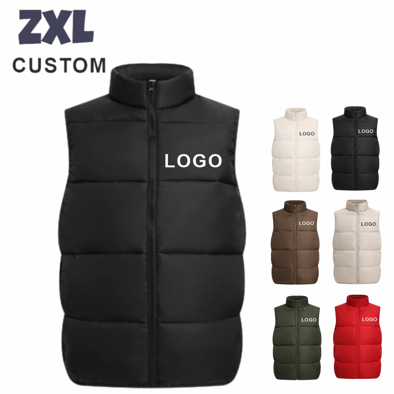 Winter heren gewatteerd vest op maat logo ontwerp merk DIY print borduurwerk opstaande kraag effen kleur katoenen jas armloze donsvesten