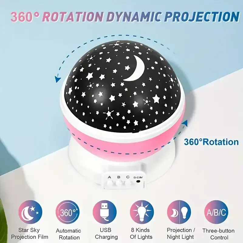 USB powered starry night light projector with moon and stars -360 ° rotatable, 9 color modes