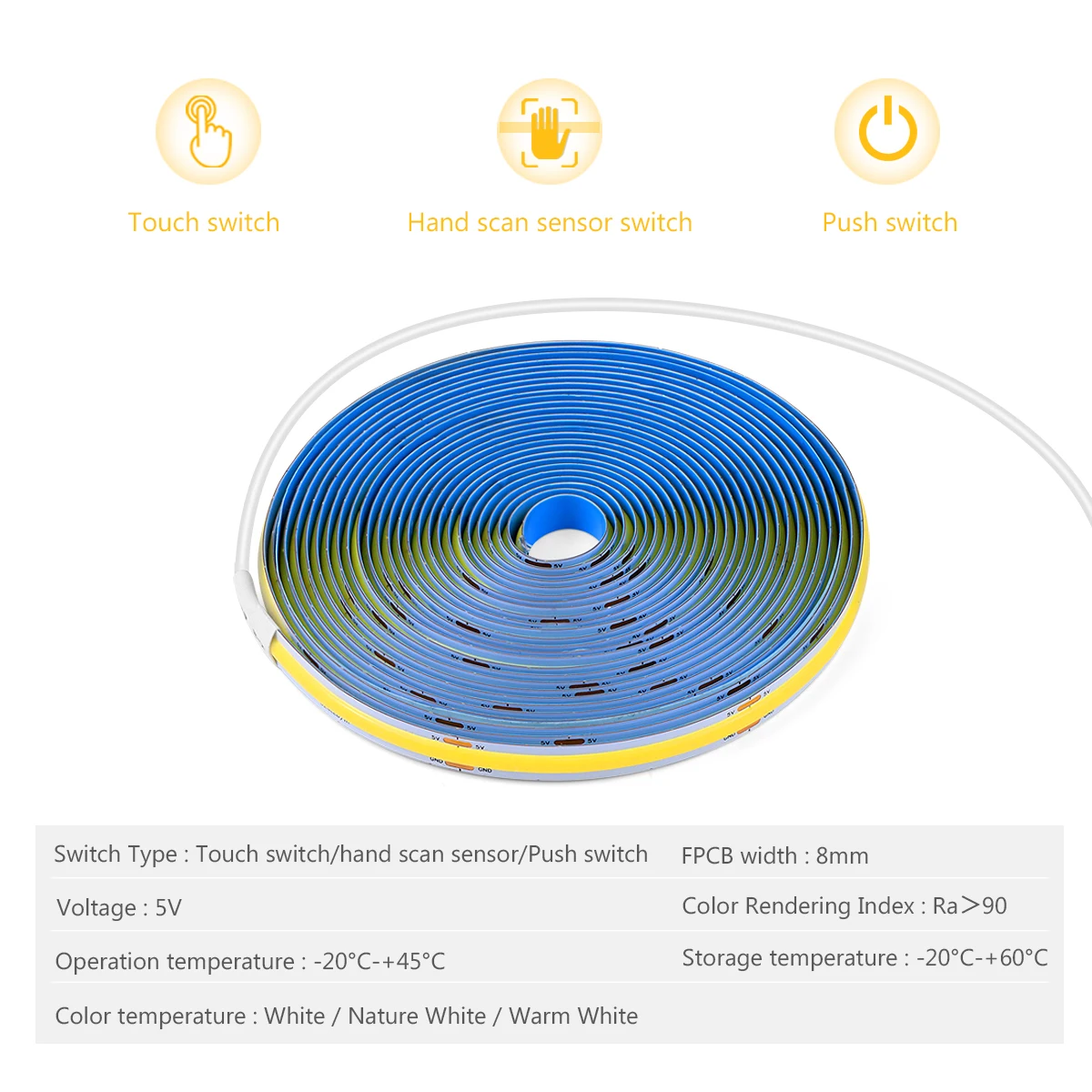 DC5V USB COB LED Light Strip With Hand Sweep Sensor / Dimmable Touch Sensor Switch / Push Switch For Living Room Closet Lighting