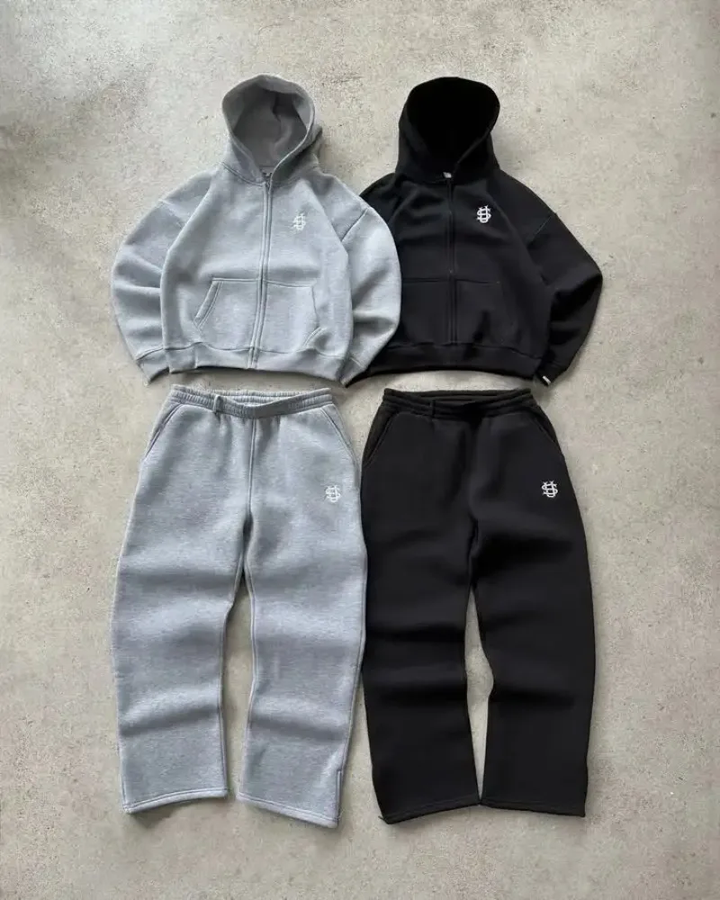 Y2k carta zíper hoodie das mulheres dos homens harajuku moda carta bordado calças retro oversized moletom com capuz zíper 2 pçs conjuntos