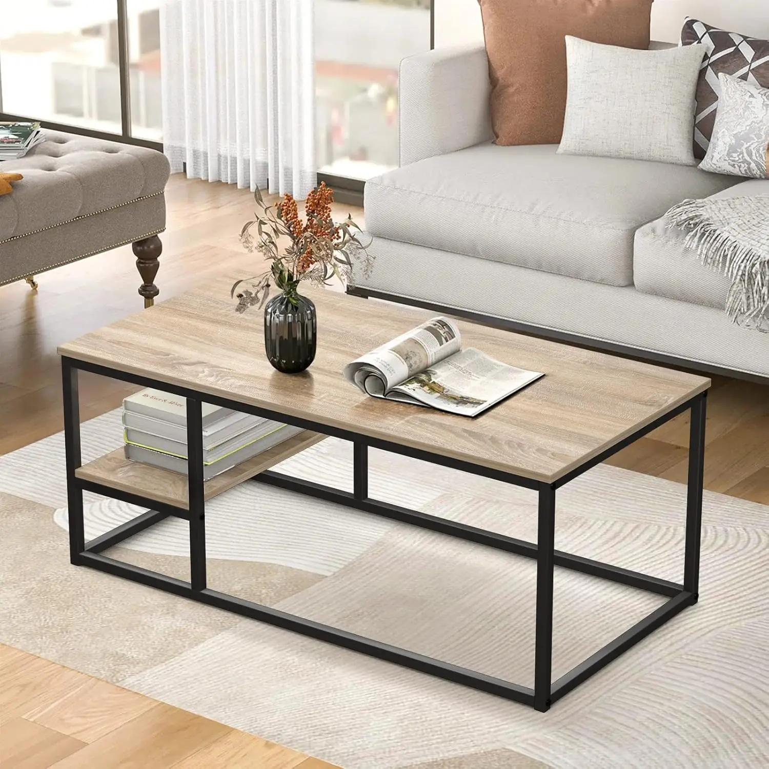 Wohnzimmertisch, Couchtisch mit Stahlgestell und Abblagen, Industriedesign, Skandinavischer Stil, einfacher Aufbau, Sofatisch au