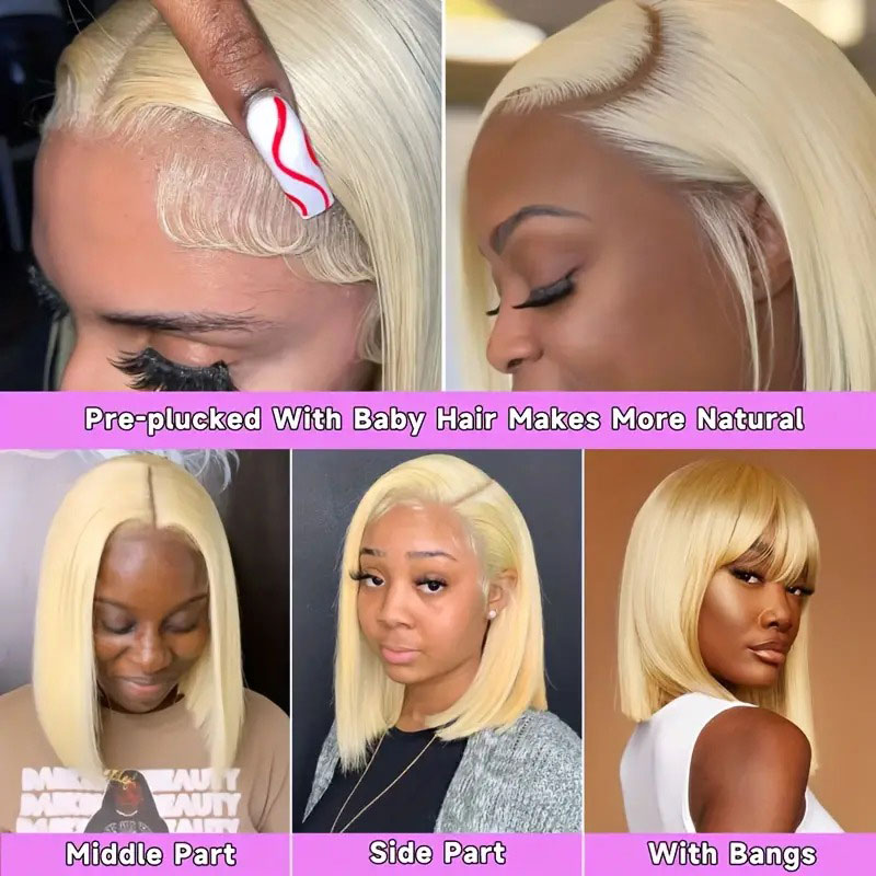 613 Blonde Bob Pruik Echt haar 13x4 Kanten Voorkant Pruiken Echt haar Voorgeplukt Transparant Kant 180% Dichtheid Kanten Frontale Pruik Bobpruik