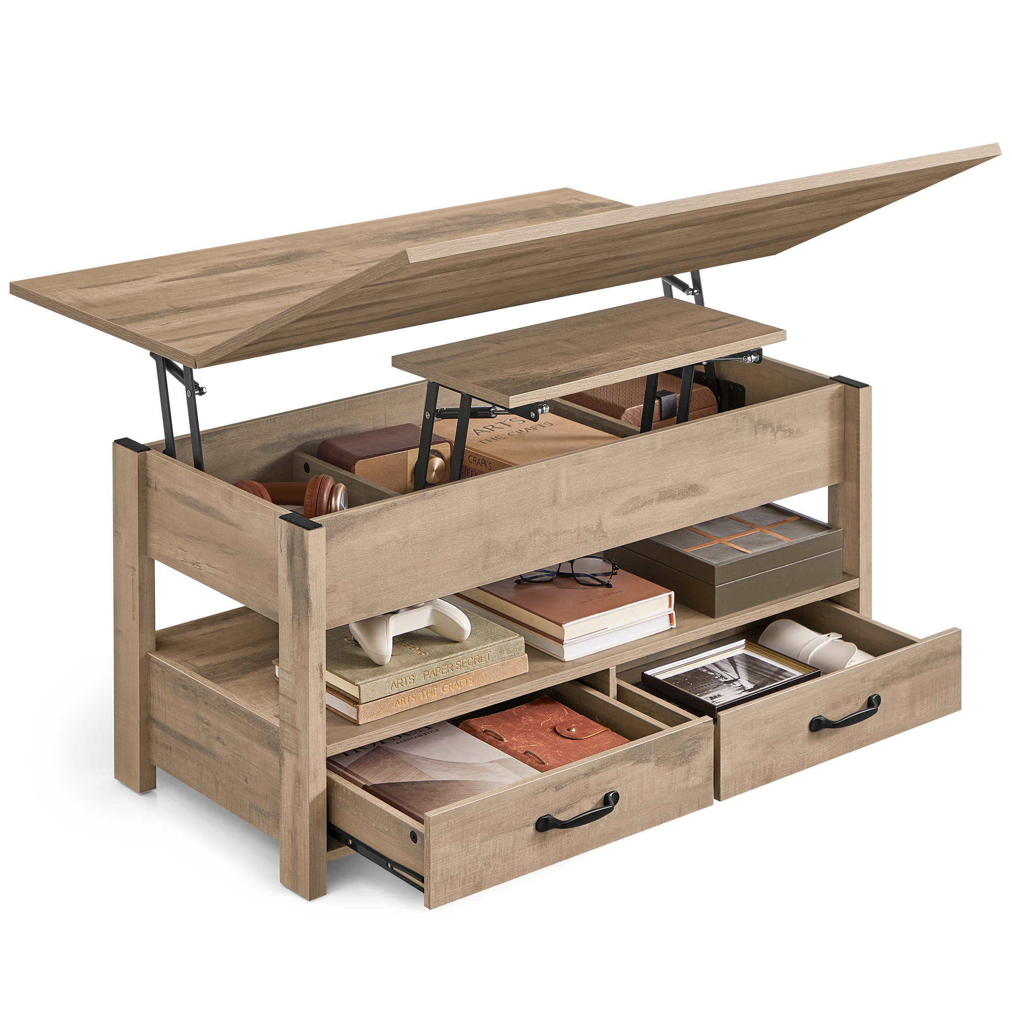 Table Basse, Table de Salon Relevable, Vérin à Gaz, 2 Tiroirs et 3 Compartiments sous Le Plateau, 1 Compartiment Ouvert, pour Salon, Bureau