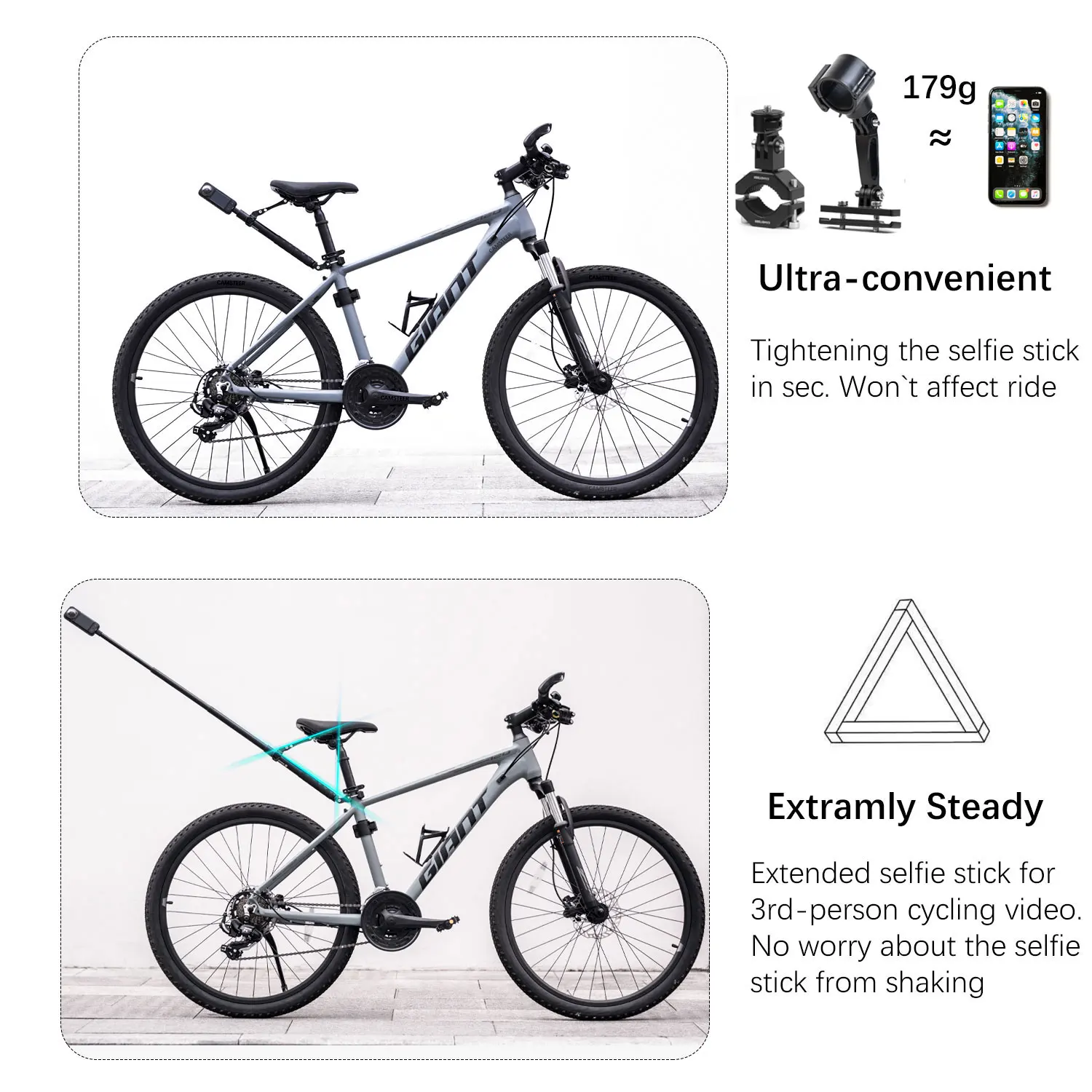Camsteer Premium Bicycle Backseat Third Person View Mount for GoPro Hero 13 12 11 Insta360 X5 X4 X3 Ace Pro2 DJI Osmo360 Cameras