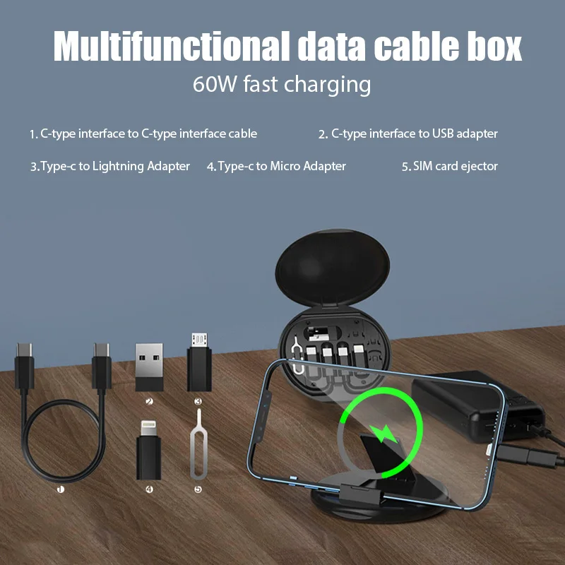 Mini caixa de armazenamento de gadgets digitais multifuncional 5 em 1 cabo de dados do telefone móvel 60w cabo de carregamento rápido caso de armazenamento suporte do telefone