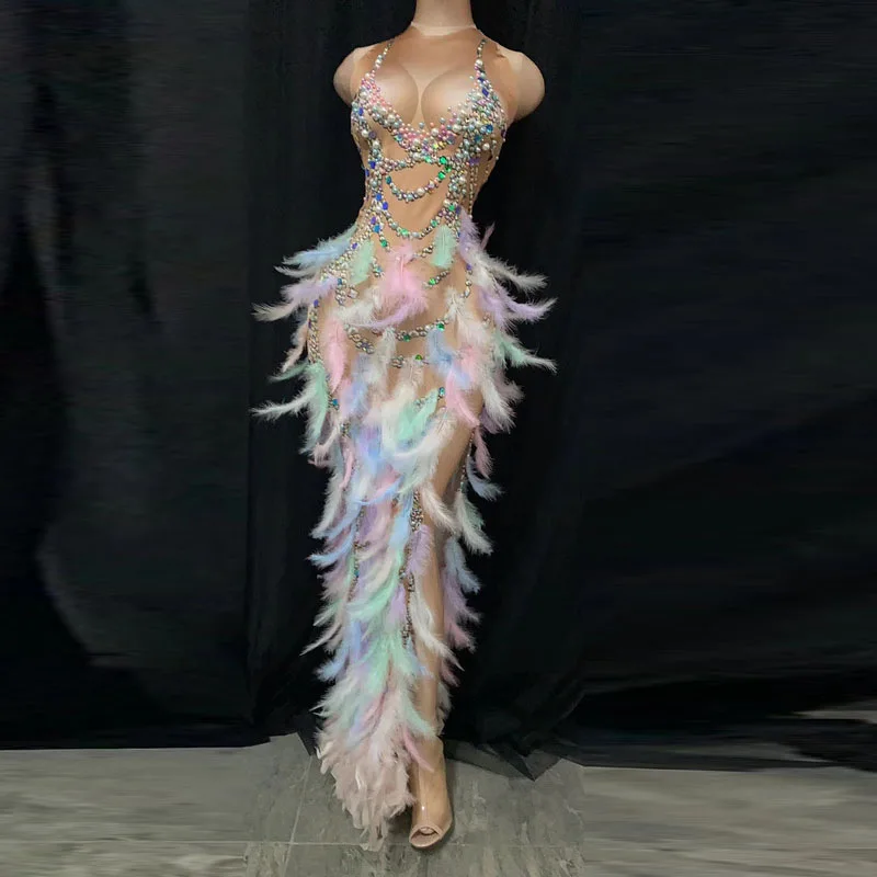 Vestido de actuación para adultos con diamantes de plumas, vestido Sexy con purpurina colorida brillante, vestido de fiesta de cumpleaños