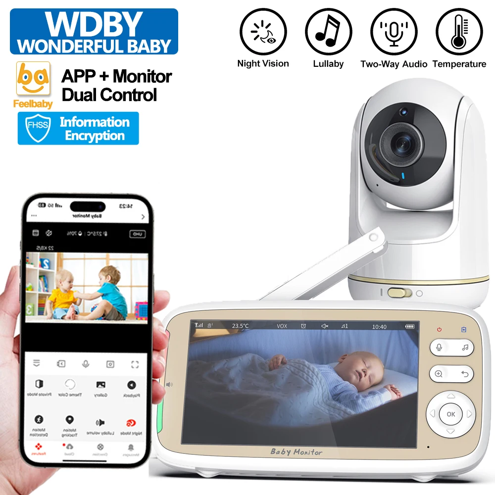 Vigilabebés de 5 pulgadas, cámara PTZ con zoom 3x, control dual APP+monitor, vigilabebés electrónico WIFI, audio bidireccional, visión nocturna, teléfono para bebés