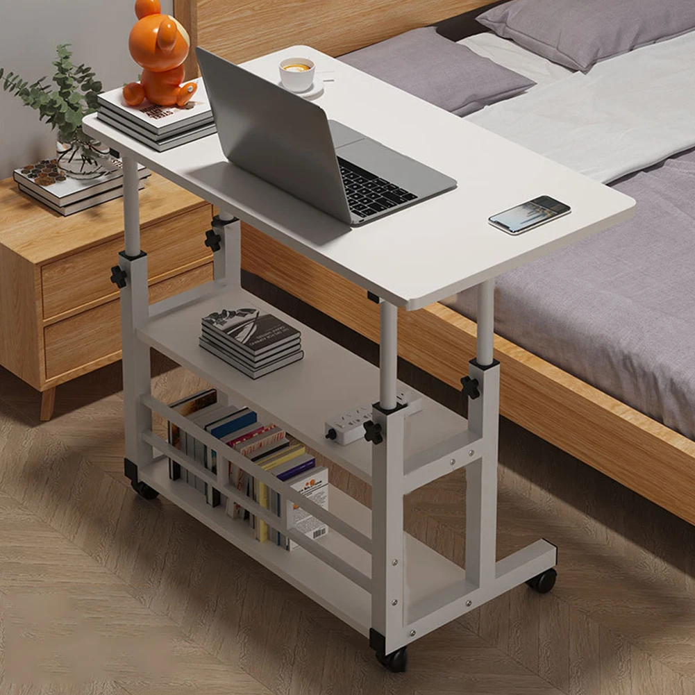 Mobile Laptop Standing Desk Adjustable Bedside Laptop Desk with Rolling Wheels Multi-Layer Storage Shelf Wooden Laptop Table