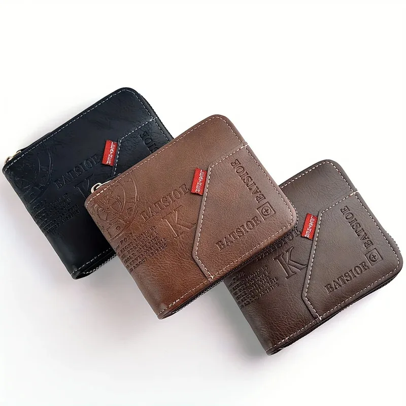 Cartera de hombre de estilo corto de cuero de aceite de cera Retro de PU a la moda con empalme a la moda, cartera con Clip para tarjetas de estilo corto para hombre
