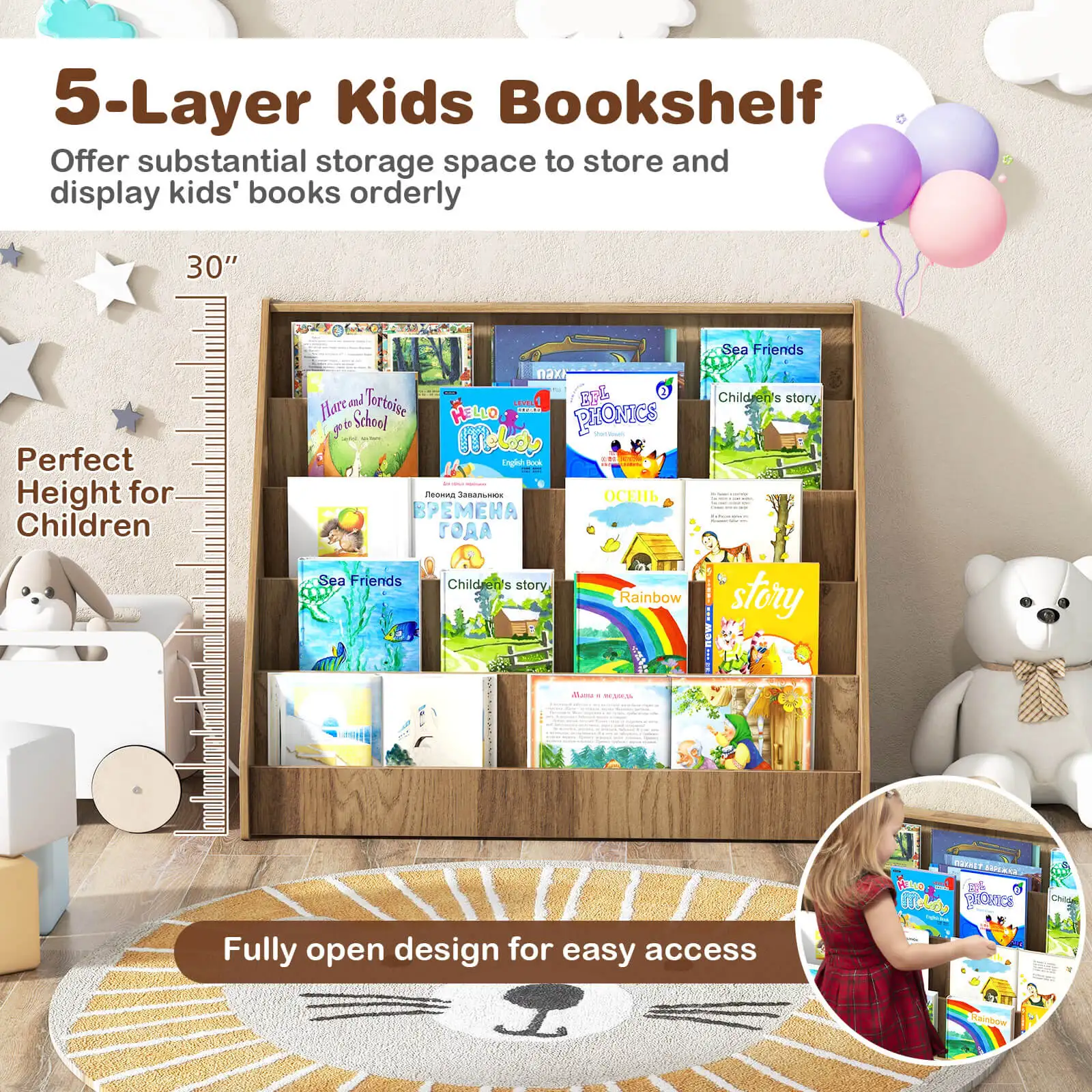 5 Tier Kids Bookshelf w/Anti-Tipping Device Kids-friendly Height for Bedroom
