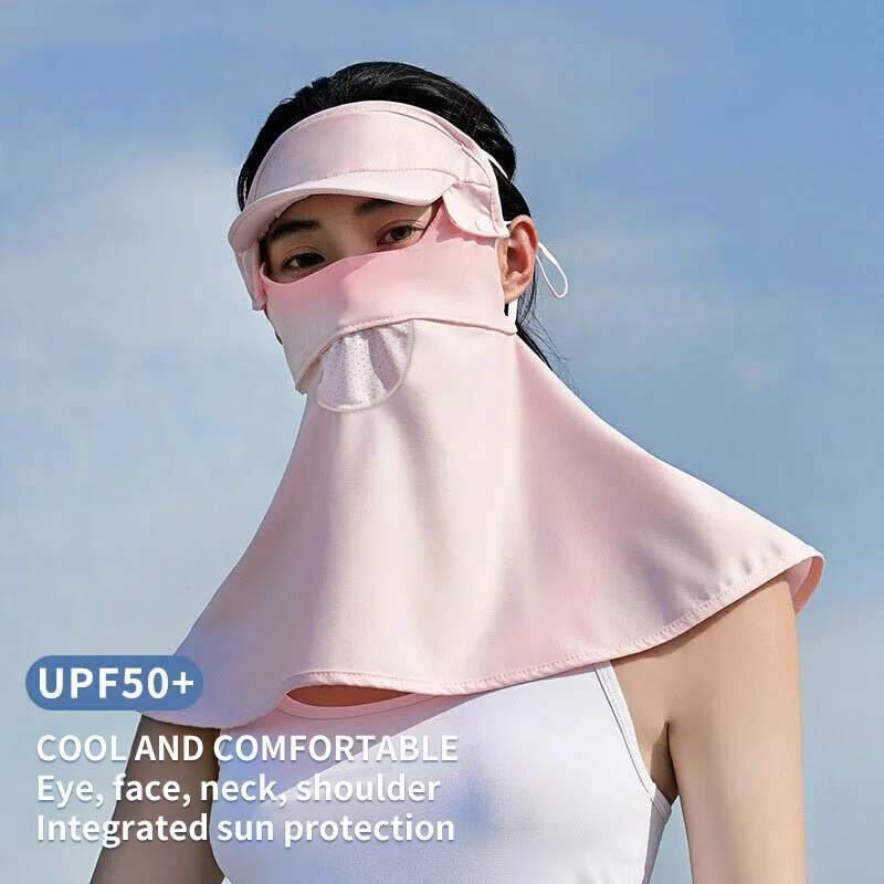 Máscara de protección solar para el cuello para mujer, velo de cara completa, máscara colgante para la oreja, visera de seda transpirable, estilo de ala de verano [UPF50 +]