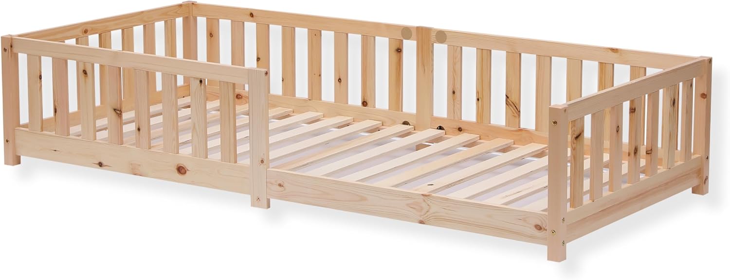 con protección contra caídas y somier, 80 x 160 cm, natural, cama de suelo Montessori, cama de madera maciza de pino para cama i