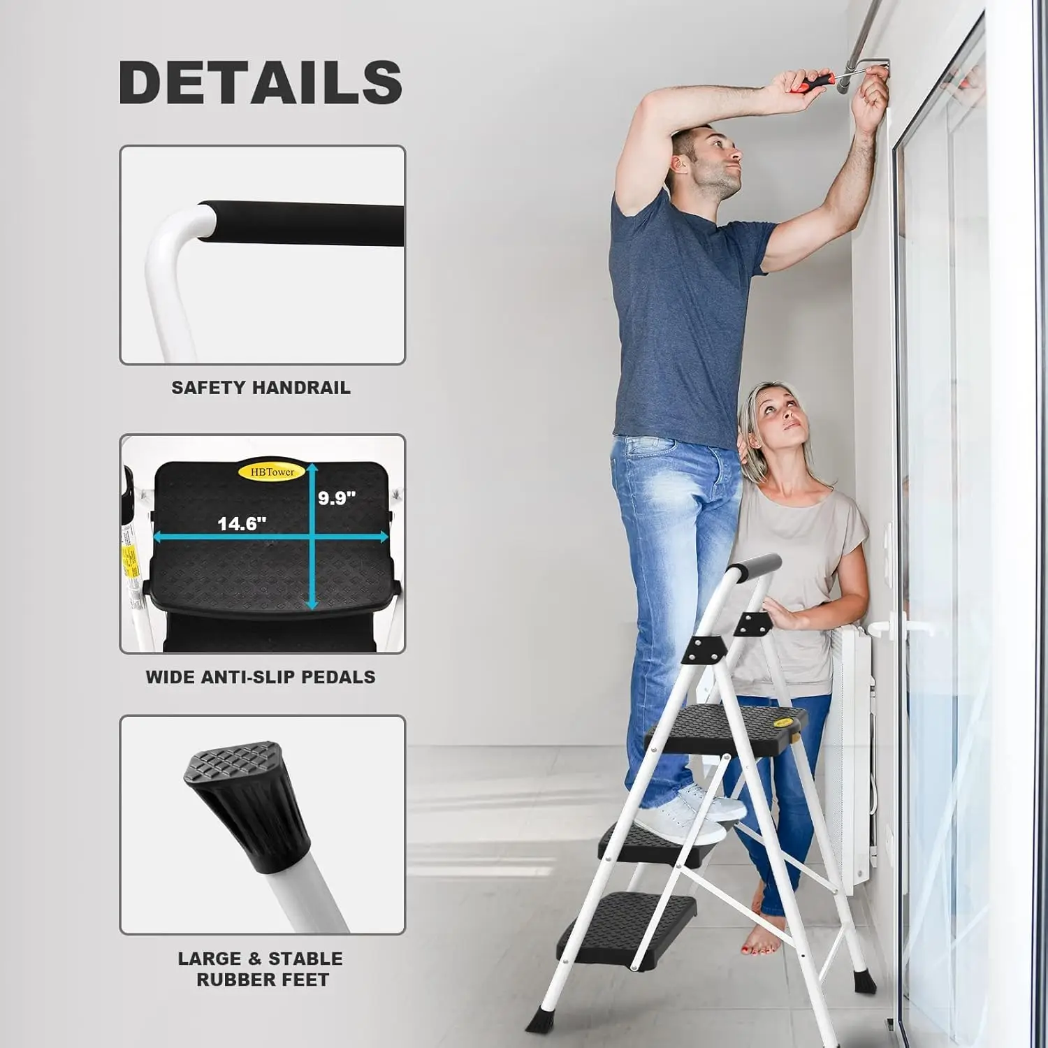 HBTower Escalera Plegable Escalera 3 Peldaños Taburete Cocina con Pedal Ancho Antideslizante, Agarre