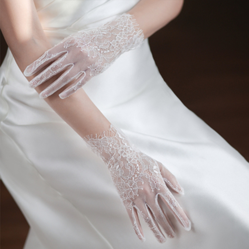 Luvas de casamento de alta qualidade branco longo laço oco tule todos os dedos vestido feminino acessórios de festa