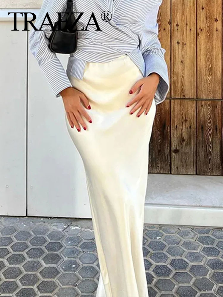 TRAFZA Vrouwen Elegante Effen Satijnen Lange Rok Chique Y2K Hoge Taille Slanke Rokken Vrouwelijke Mode Zijde Textuur Dames Strakke Midi Rok