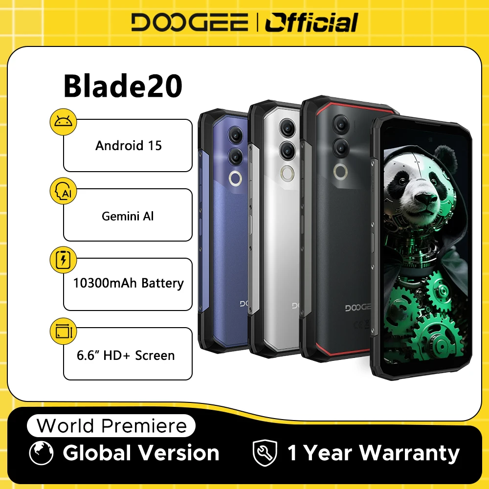 Versão global doogee blade20 telefone robusto gemini ai 10300mah bateria 6.6 ''hd + tela 4gb 128gb android 15 smartphone nfc