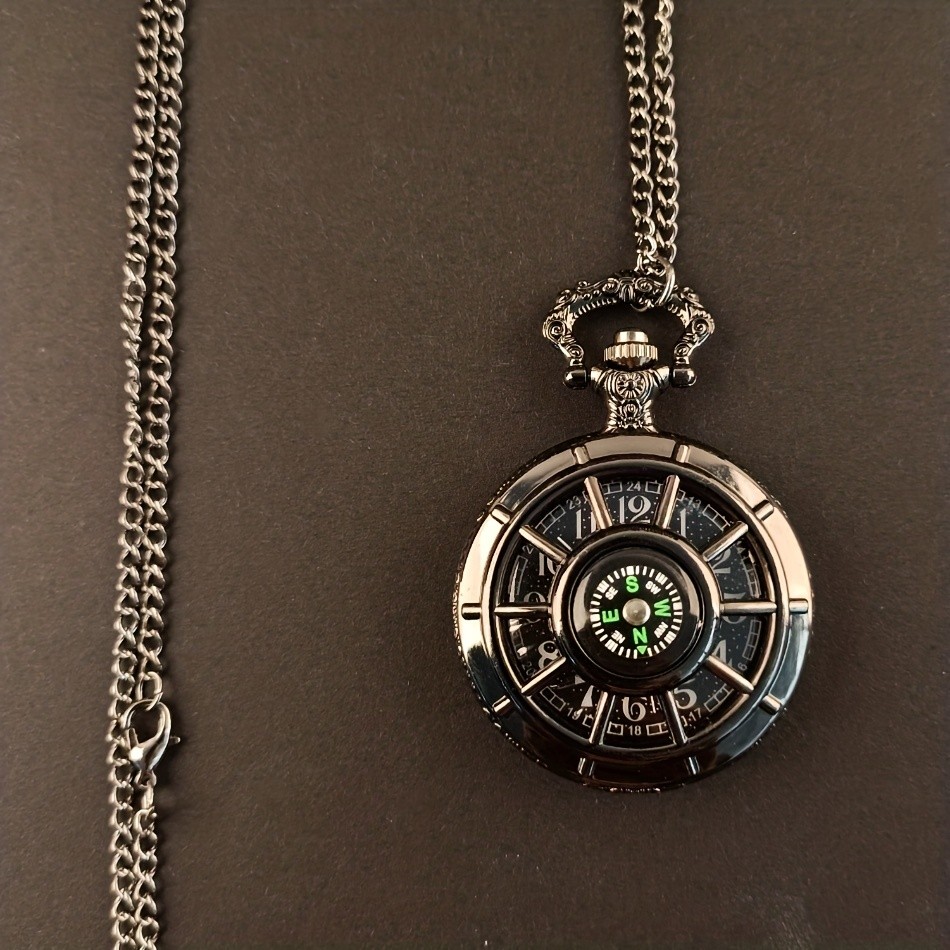Vintage Black Compass Design Quartz Pocket Watch, With Necklace Pendant, World-Time Feature, Pointer Display Pocket Watch