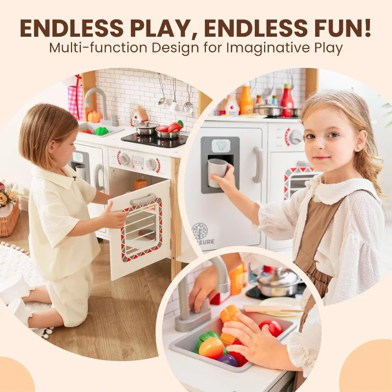 Play Kitchen for Kids, Wooden Kids Play Kitchen Playset Chef Pretend Play Set for Toddlers with Real Lights & Sounds