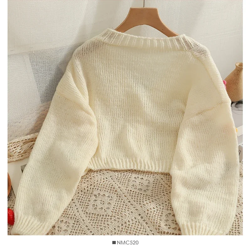PTKPCC Neue Herbst Bunte Applique Blume Strickjacke für Frauen Nette Lange V-ausschnitt Stricken Crop Pullover Mädchen Weiche Strickwaren