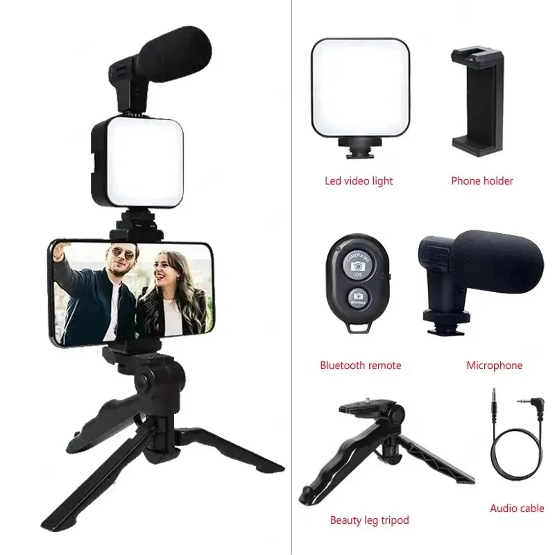Smartphone Kit Vlogging com Tripé, Suporte do telefone, Mini Microfone, LED Luz de preenchimento Starter para TikTok, Live Stream, Vídeo, YouTube