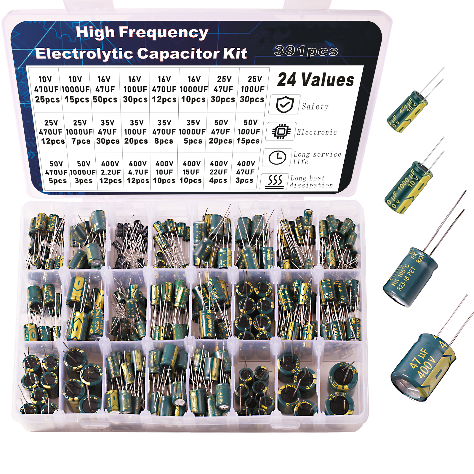 Kit de condensadores electrolíticos surtido de alta frecuencia 10v 16v 25v 35v 50v 400v 10uf 100uf 470uf 1000uf