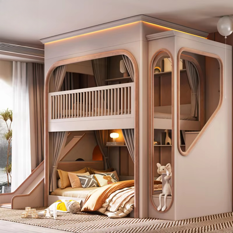 Modernes, luxuriöses Doppelbett aus Holz für Kinder, kleines Apartmentbett, Rutsche und Treppenbett für Schlafzimmer