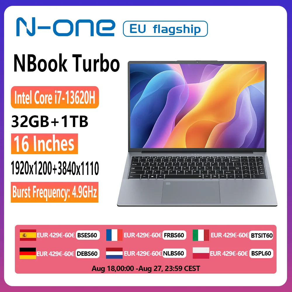 N-one NBook Turbo Intel i7-13620H 16-calowy Laptop do gier 32GB + 1TB SSD 1920*1200, 5000mAh, Wi-Fi 5,Bluetooth 4.2,10C/16T
