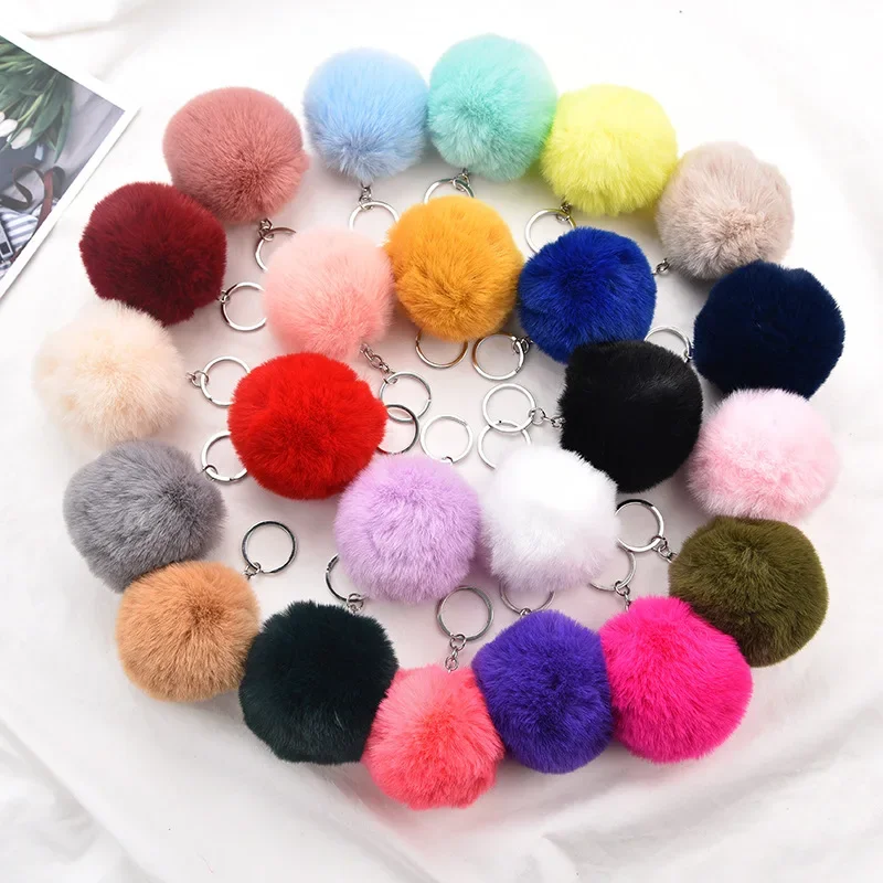 LLavero de pompón de piel esponjosa, bola de piel de conejo sintética suave, llavero de coche, llaveros con pompón, llavero, bolso de mujer, colgante, regalos de joyería