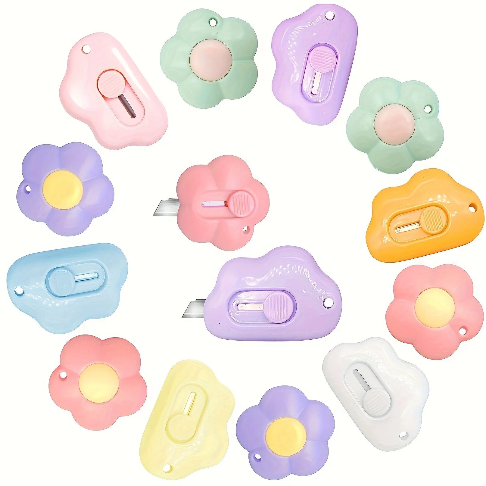 Mini couteau utilitaire rétractable de poche Portable en forme de nuage de fleur, coupe-boîte avec trou pour porte-clés 6 pièces