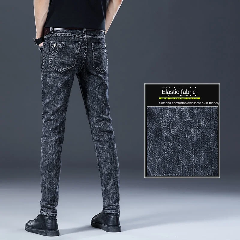 MÙA THU ĐÔNG Chải Da Bò Sang Trọng Mỏng Thiết Kế Quần Áo Nam Phong Cách Hàn Quốc Denim Skinny Sang Trọng Màu Xám Quần Jean Quần Tây Nam