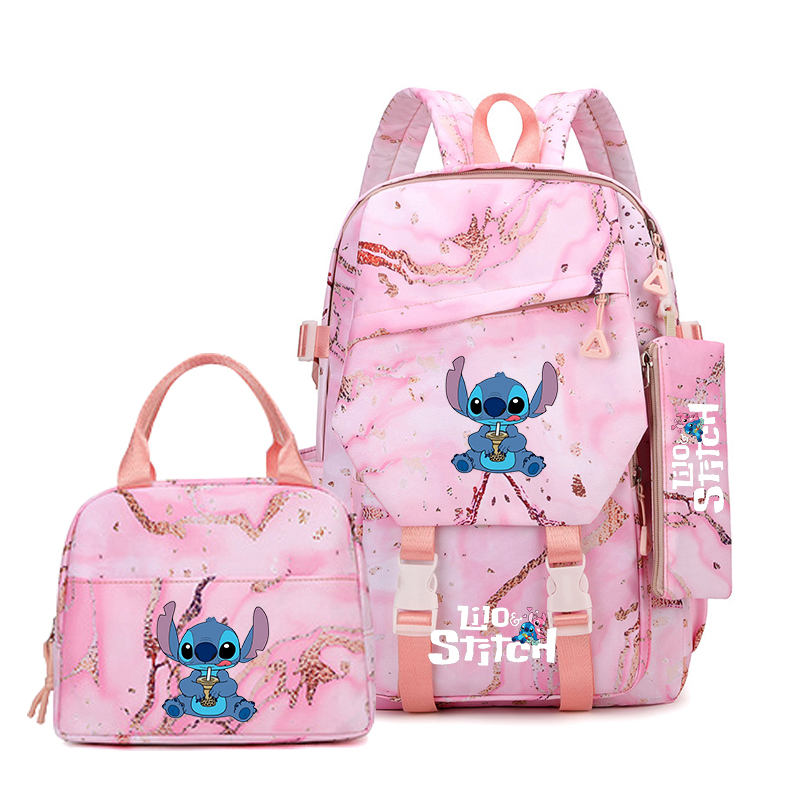 Stitch 3pcs Backpack Set, Pencil Case, Foldable Insulated Cooler Lunch Bag, Cute Schoolbag, Casual Commute Daypack For Daily Use
