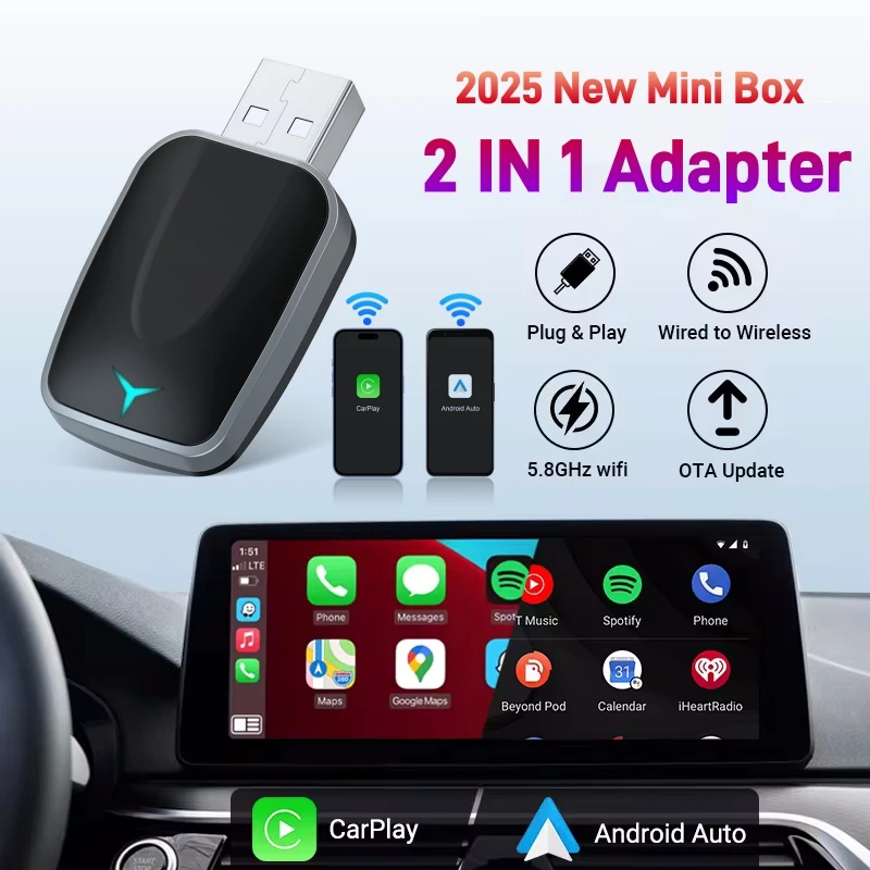 Mini adaptador 2 em 1 AI Box com fio para Carplay sem fio e Android Auto compatível com 99% de carros Plug and Play WiFi Smart Dongle