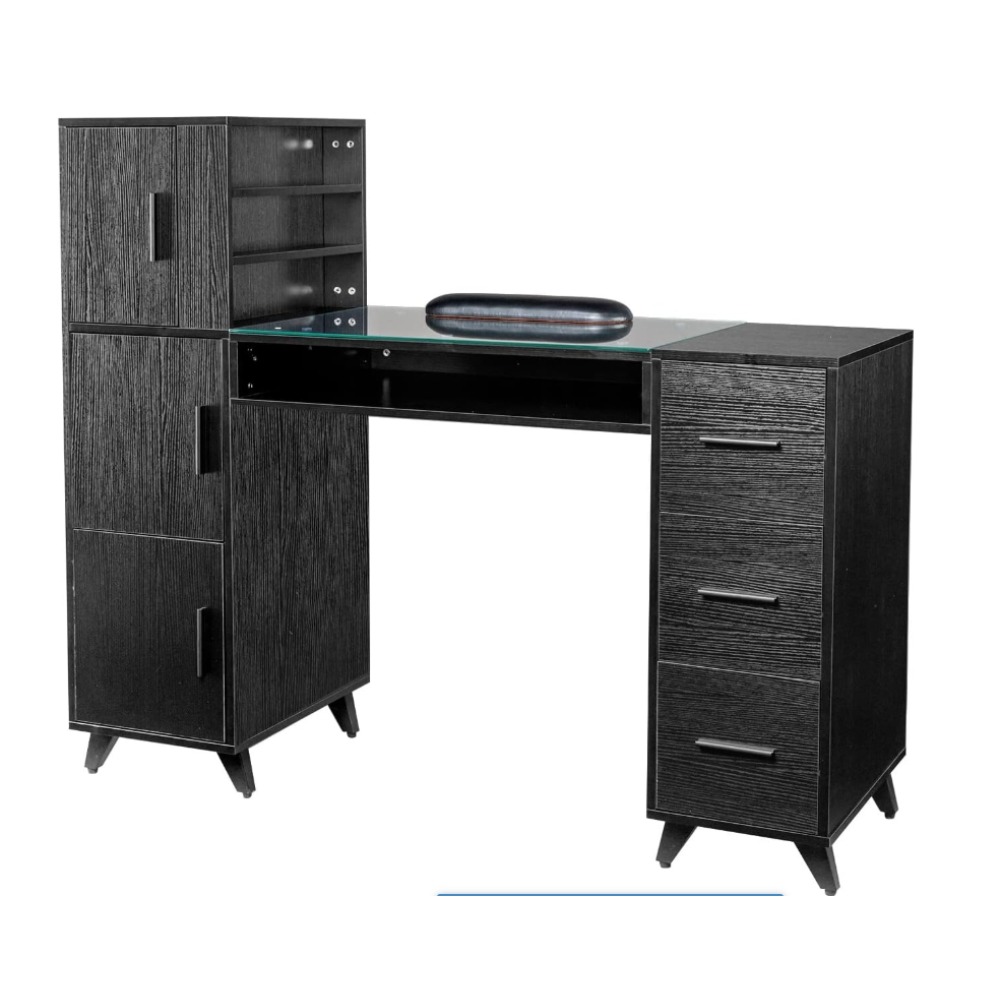 Manicure Table Nail Desk for Nail Tech w/Glass Top & Wrist Rest, Beauty Salon Nail Supplies Decor Workstation Acetone Resistant