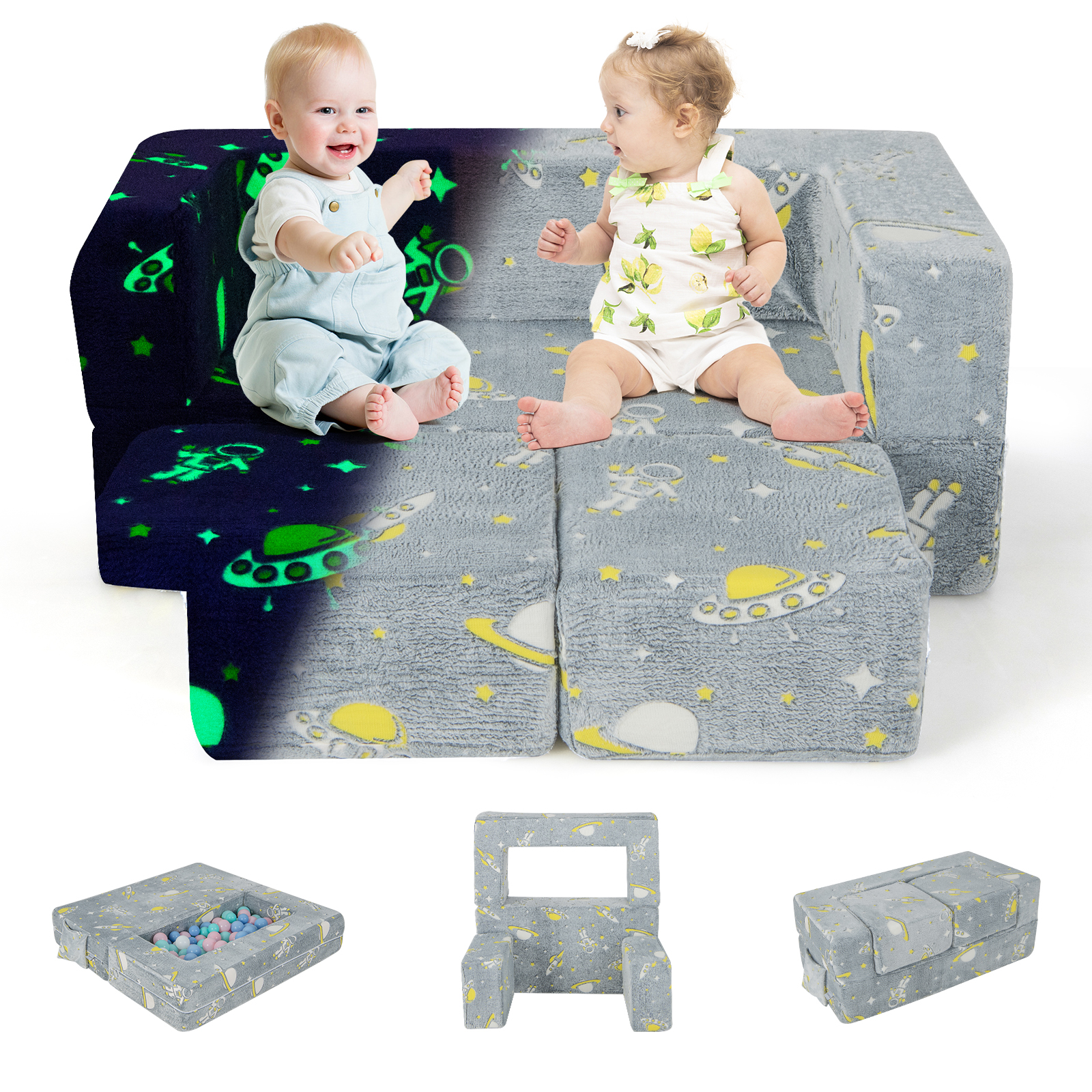 4 in 1 Kindersofa ausklappbar, Kindersessel im Dunkeln Leuchtend, Kinder Schlafsofa mit 2 Ottomanen & Seitentasche