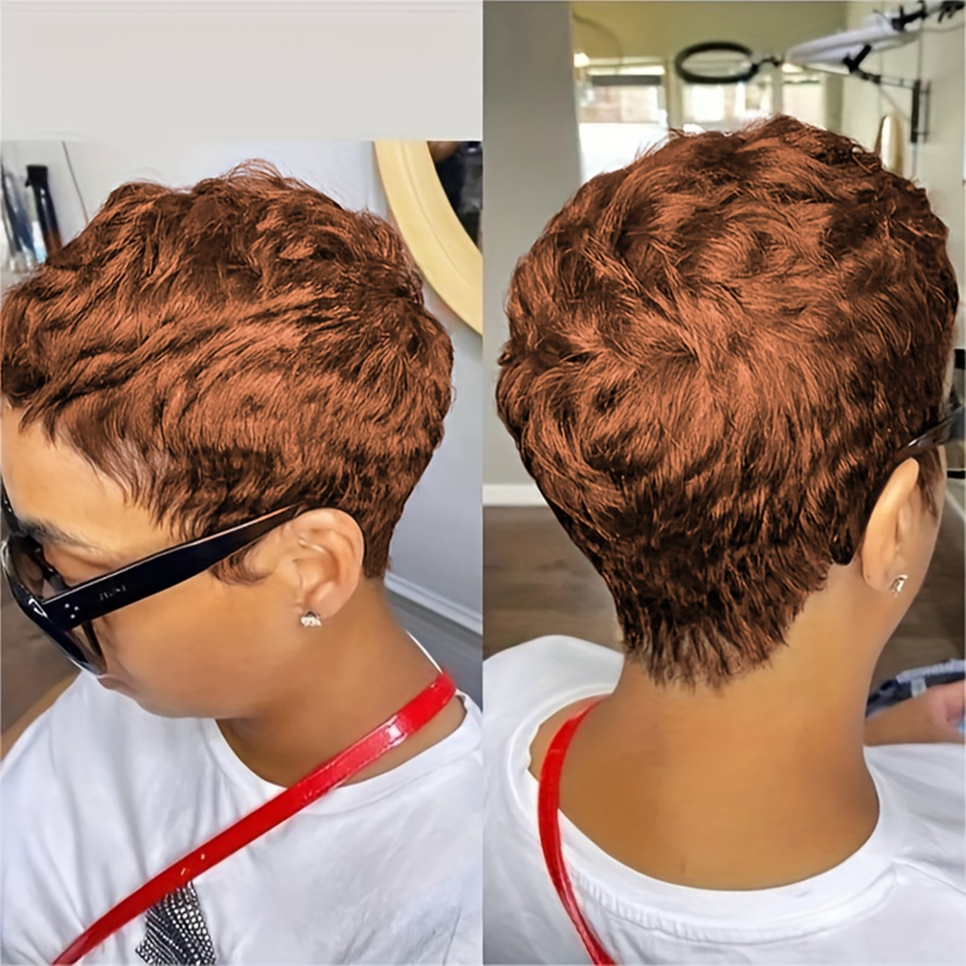 Short Pixie Cut Wig Human Hair For Women Machine Made Wigs With Bangs Colored Wig 180 Density