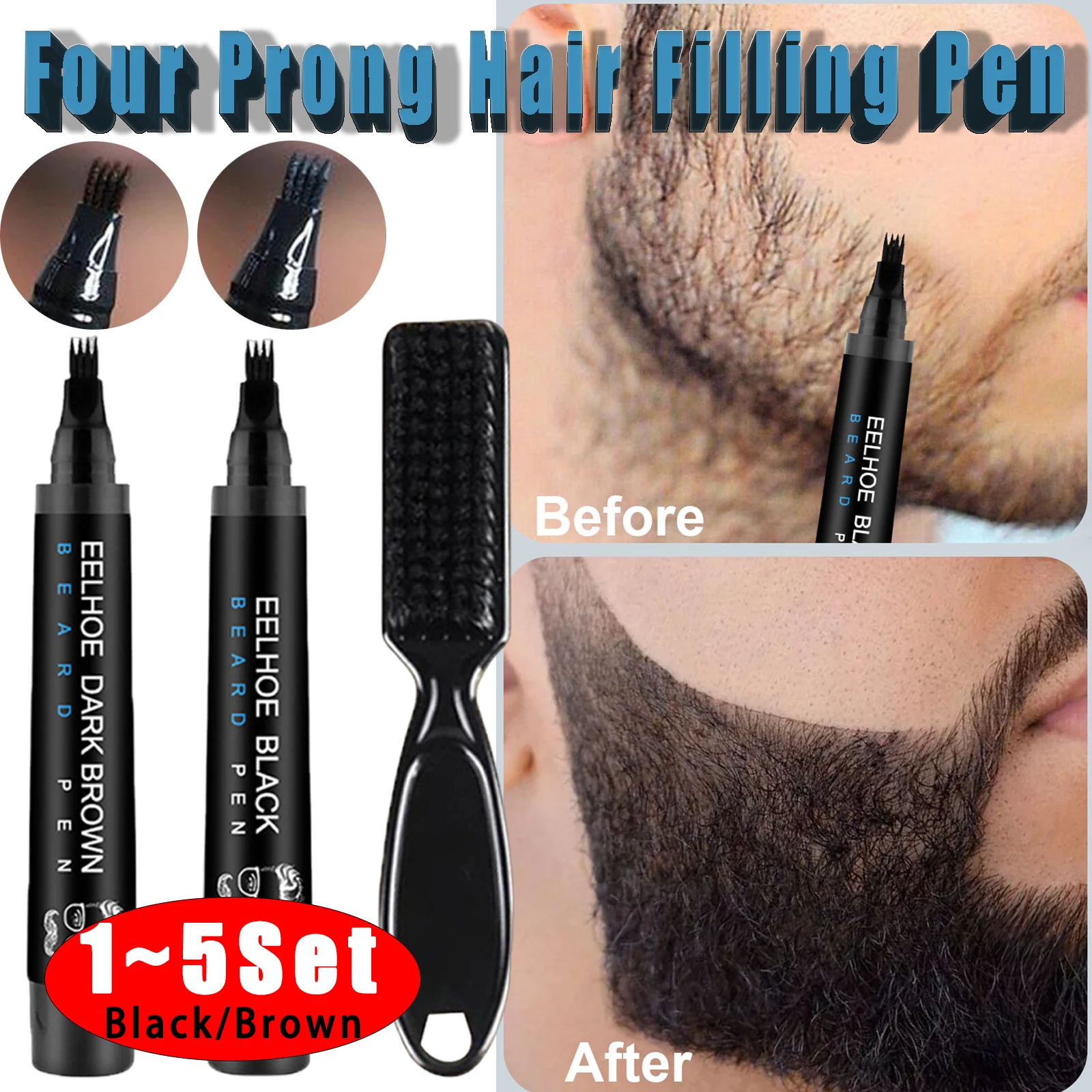 Caneta de enchimento de cabelo com kit de escova, preto/marrom, à prova d'água, quatro pontas, lápis de enchimento de barba para cabelo, sobrancelha, cílios, barba, enchimento de cabelo
