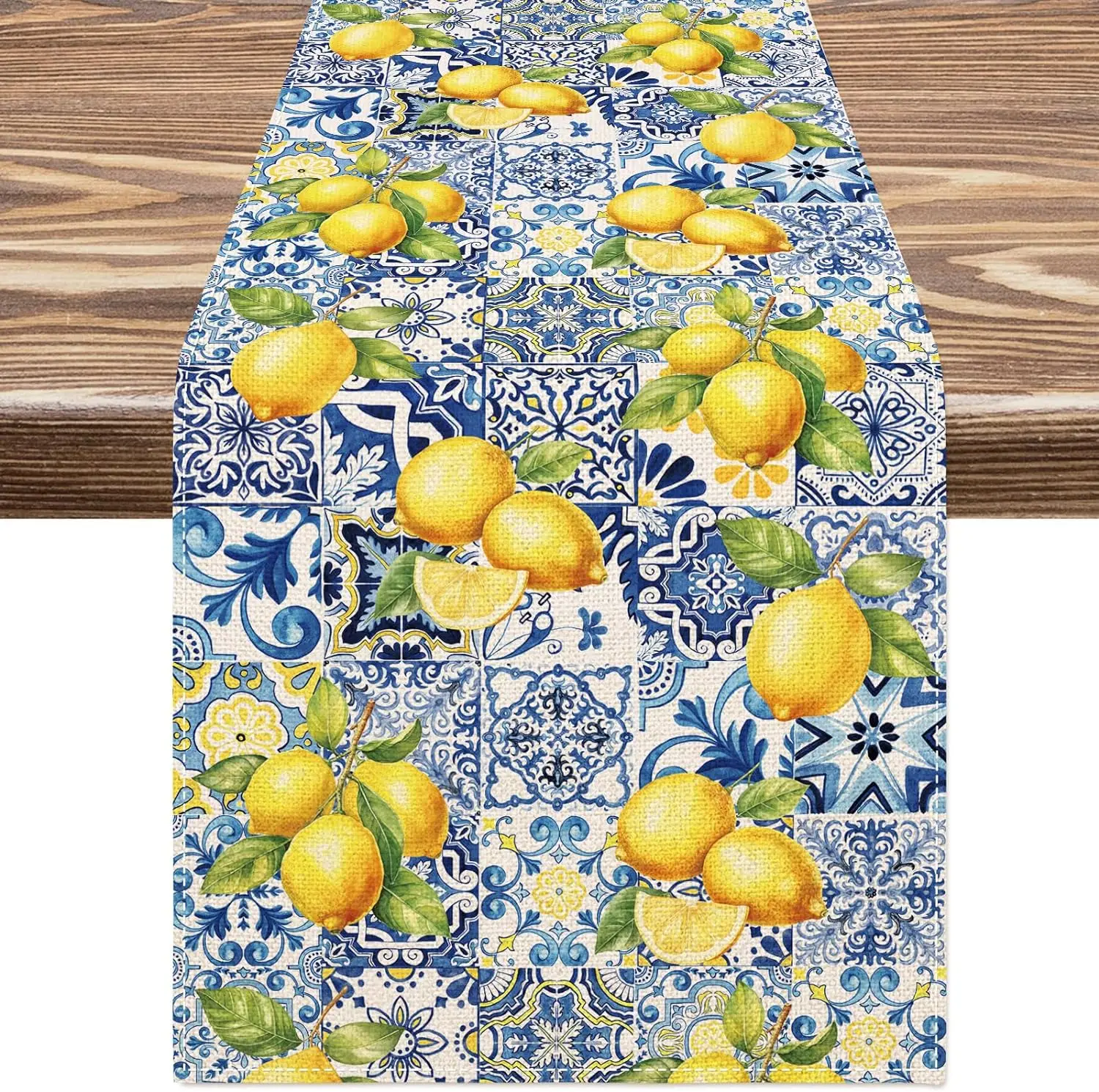 Camino de mesa de lino con azulejos de limón de verano, decoración para fiestas navideñas, camino de mesa de comedor reutilizable para cocina y granja, decoraciones de boda