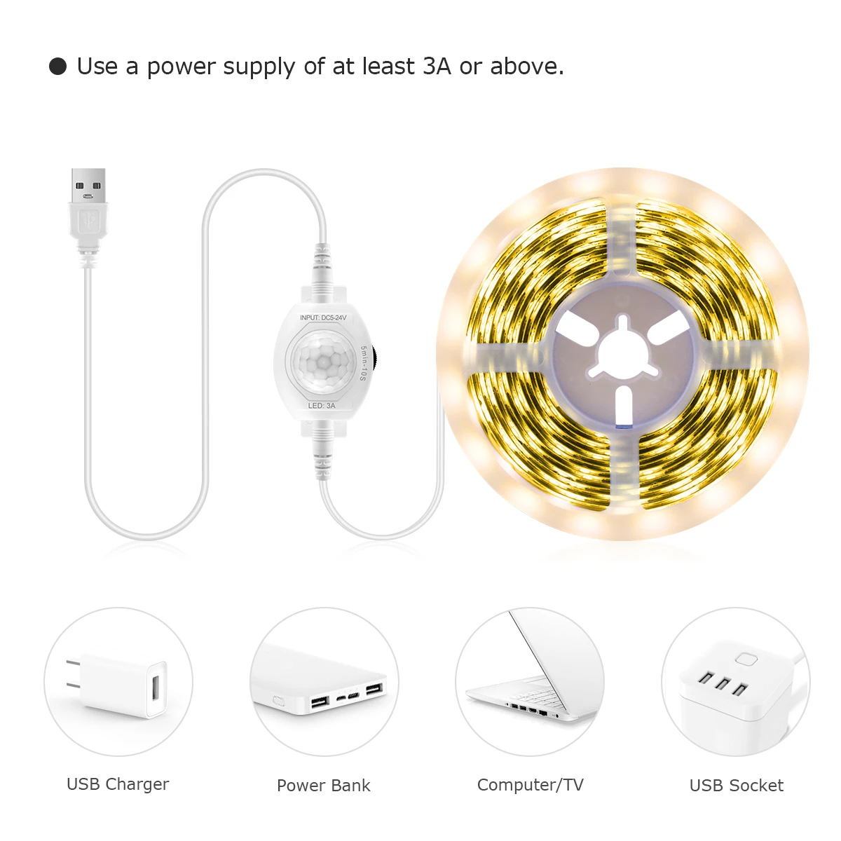 Striscia LED con sensore di movimento PIR intelligente USB 5V ON/OFF automatico 60 led/M impermeabile per cucina, scale, corrdior, illuminazione notturna per camera da letto