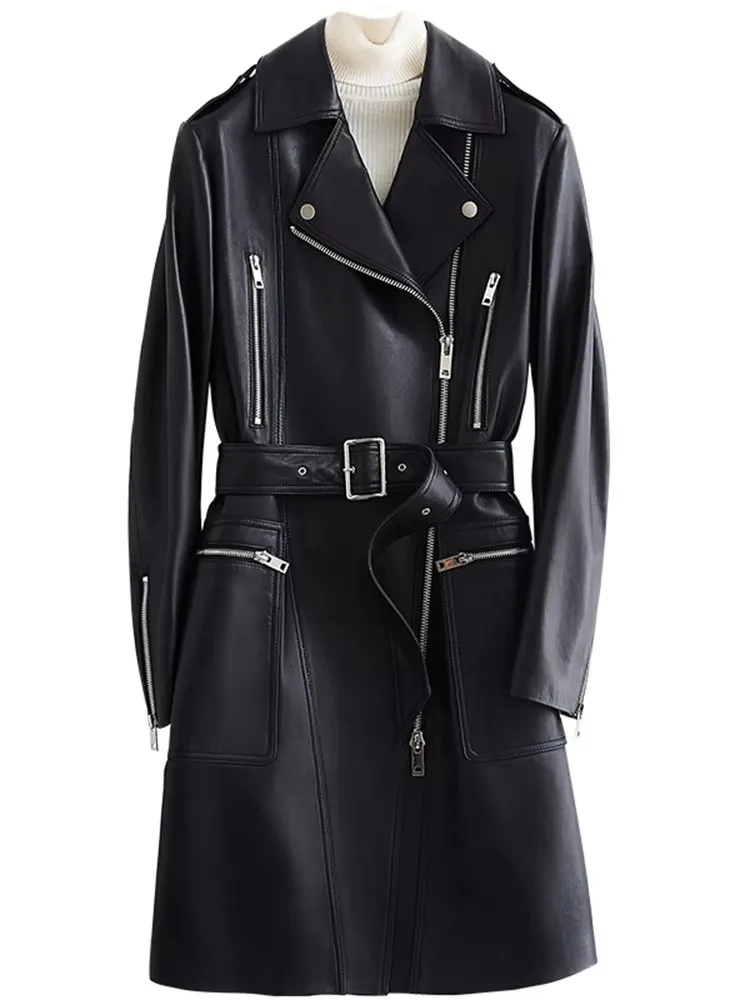 Mauroicardi Frühling Herbst Cool Ausgestattet Lange Weiße Kunstleder Moto Biker Jacke Frauen Gürtel Schwarz Luxus Designer Kleidung 2025
