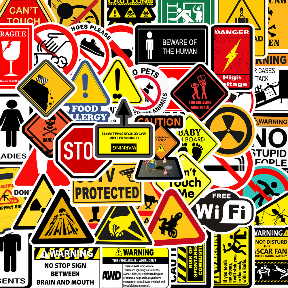 50PCS Warning Stickers Danger Banning Skateboard Fridge Guitar Laptop Motorcycle Travel Classic Toy Cool Decals Sticker