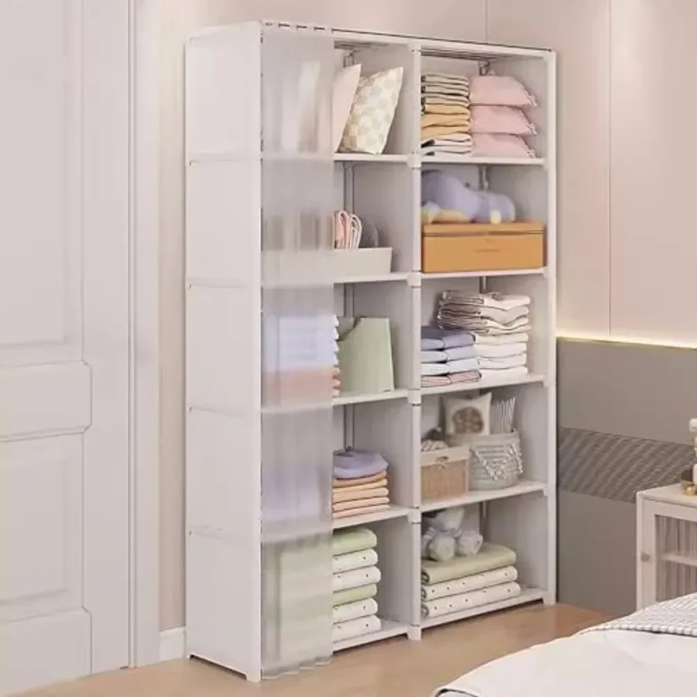 ตู้เสื้อผ้ากันฝุ่น Multi-Layer Storage Rack พร้อมผ้าม่าน Simple ชั้นวางหนังสือห้องนอนตู้เสื้อผ้าขนาดใหญ่ความจุ Fcloset Organizer