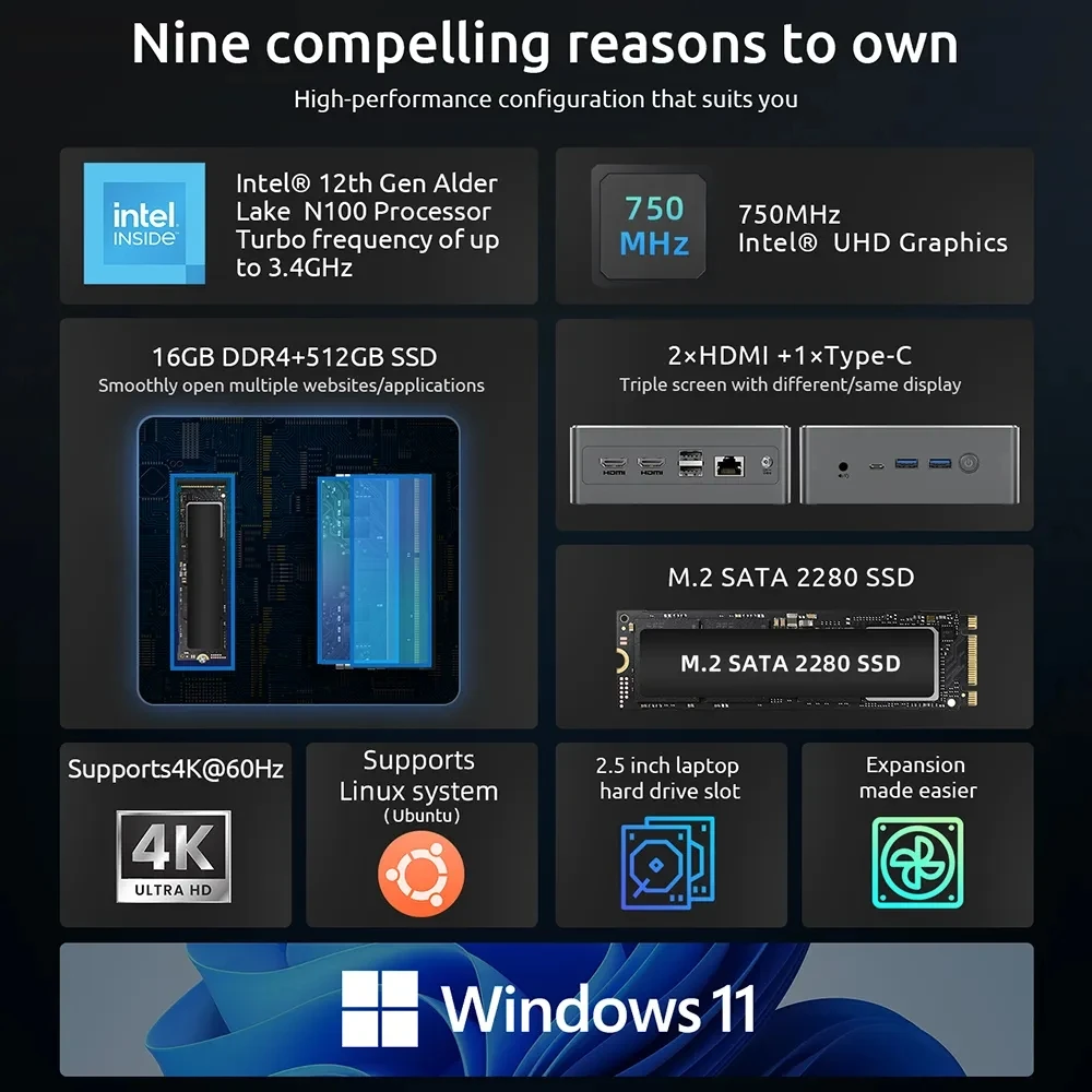 BMAX B4 Plus Mini PC Windows 11 PC Intel N100 16GB 512GB SSD 2*HDMI 1*Type-C Obsługuje 4K@60Hz 750MHz Intel UHD Graphics minipc