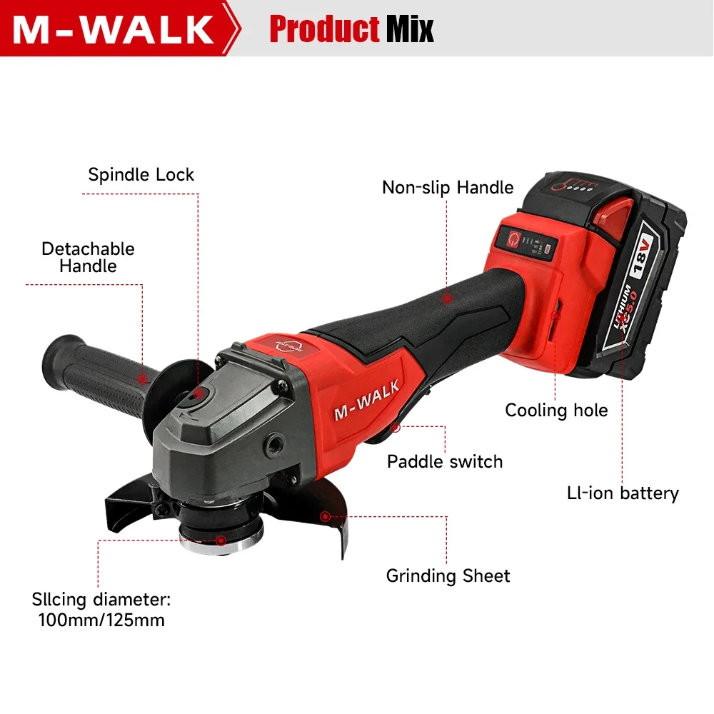 เครื่องเจียรไฟฟ้าไร้สาย M-WALK 125 มม. แบบไร้แปรงถ่าน 3 ระดับความเร็ว สำหรับแบตเตอรี่ Milwaukee 18V