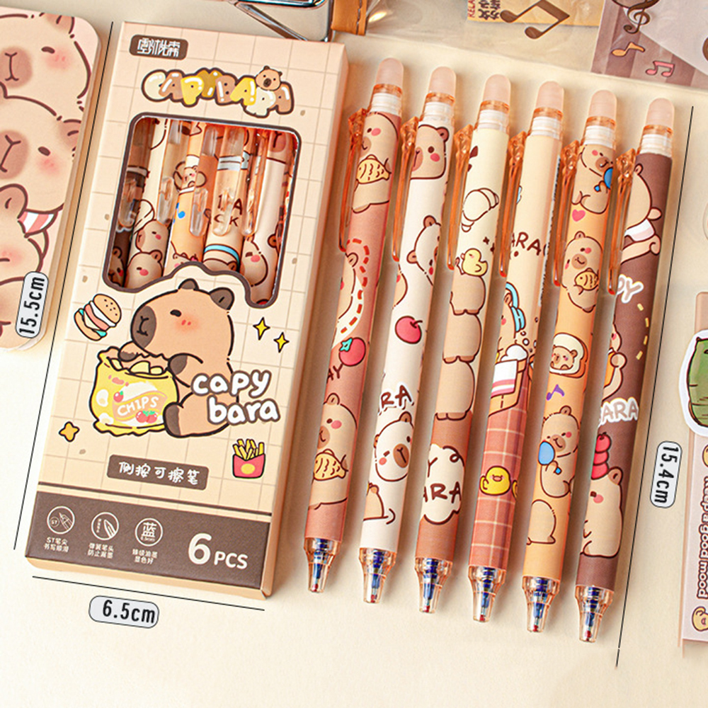 Ellen Brook 1 Set/6Piece Cute Erasable Pen Capybara Gel Pen Press Office Gift School Supplies Stationery Kawaii Funny Pen