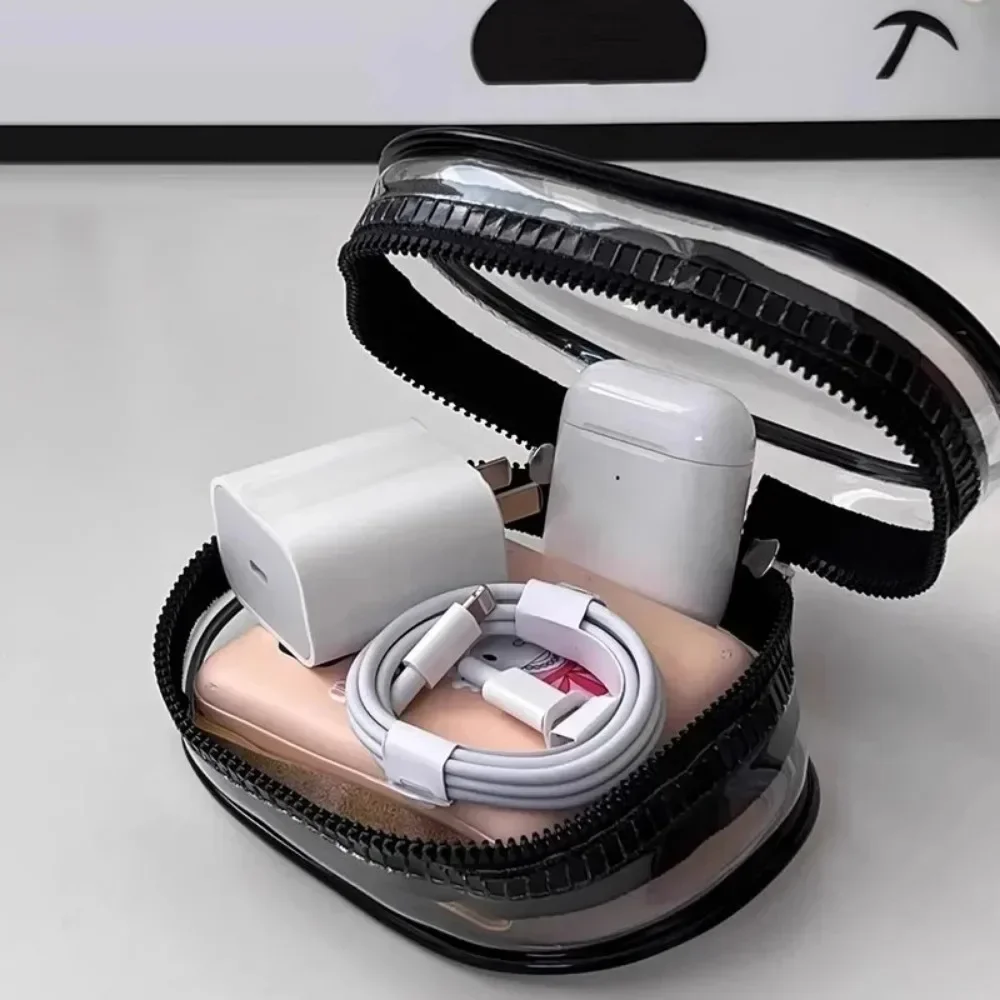 Caja de almacenamiento de cables de datos transparente multifuncional, bolsa de almacenamiento de auriculares para viajes al aire libre, almacenamiento redondo de cables de datos