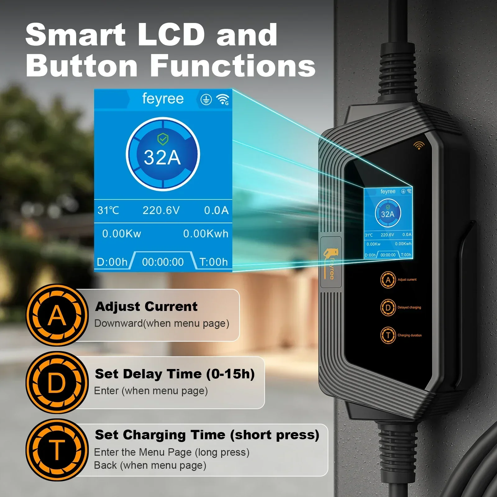 feyree Portable EV charger Type2 32A 7KW Fast Charging for Electric Vehicle APP Wi-Fi Control by Setting Current & Charging time