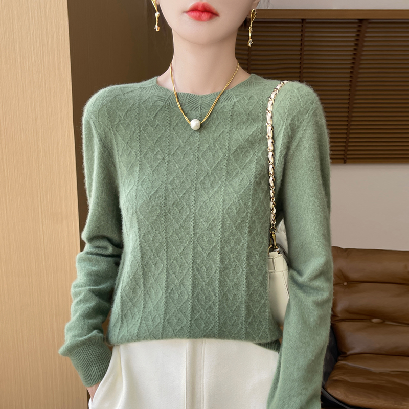 Autumn Winter 100% Wool Sweater Women Elegent O-neck Sweater Flower Long Sleeve Top Fashion Knit Female Pullover Pull Jumper
